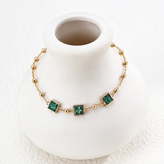 Green Cubic Zirconia Bracelet, S925 Sterling Silver Vintage Gold Station Bracelet