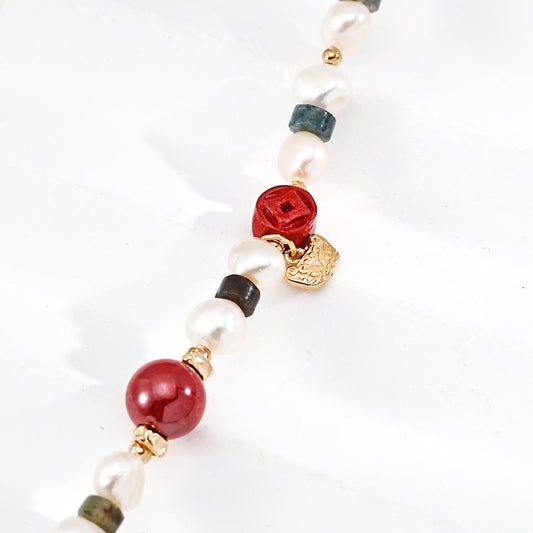 Cinnabar Moss Agate Pearl Bracelet, S925 Sterling Silver Vintage Gold Beaded Bracelet