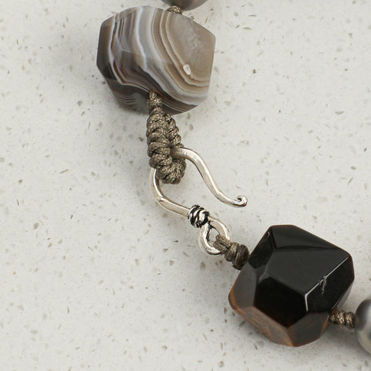 Faceted Tiger Eye & Persian Agate Bracelet with Gray Baroque Pearl and Sterling Silver Charm
