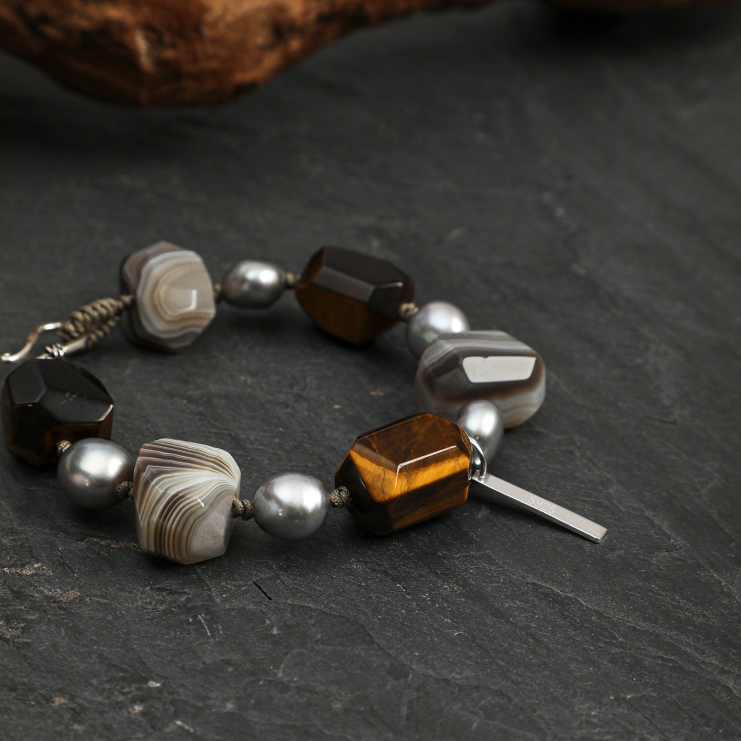 Faceted Tiger Eye & Persian Agate Bracelet with Gray Baroque Pearl and Sterling Silver Charm