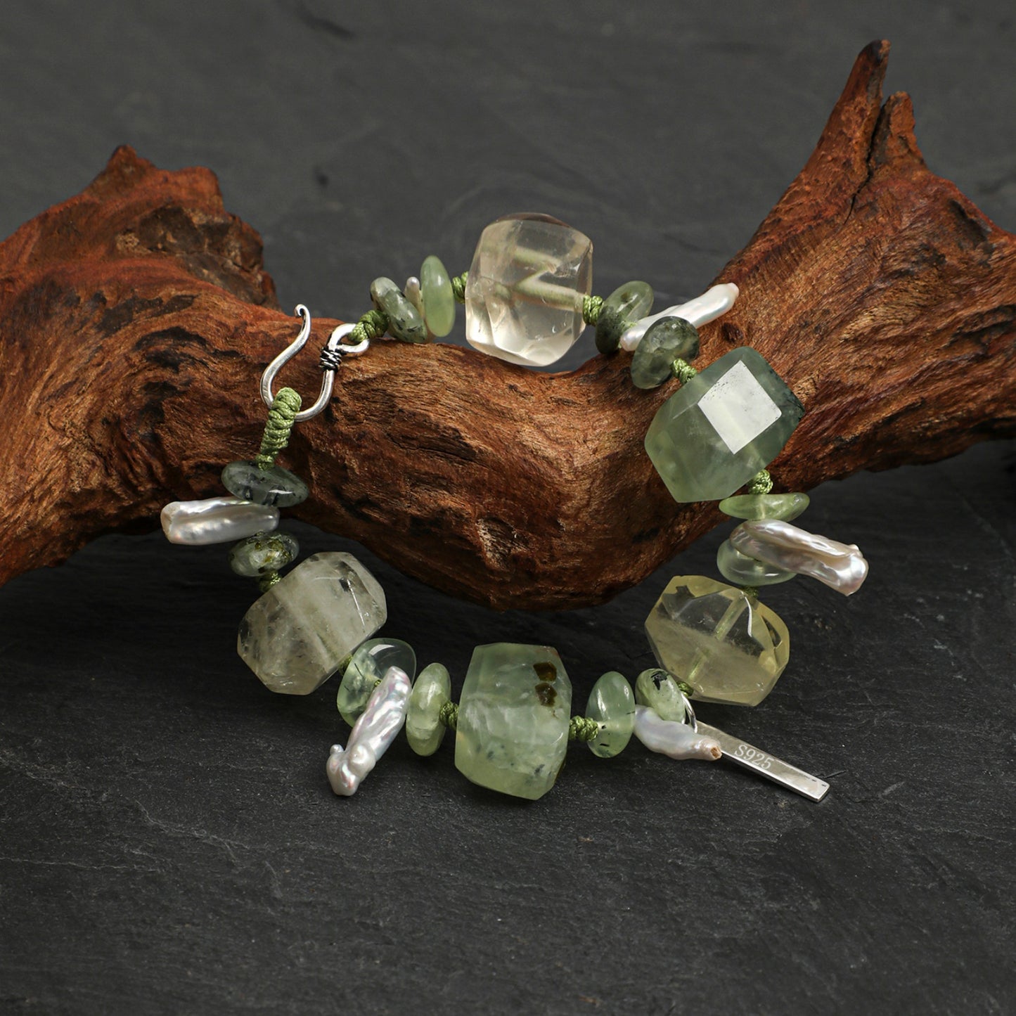 Natural Prehnite & Yellow Crystal Bracelet with Baroque Pearl and Sterling Silver Charm