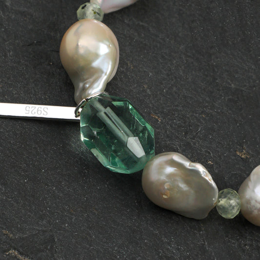 Green Fluorite & Prehnite Bracelet with Large Baroque Pearl and Sterling Silver Charm