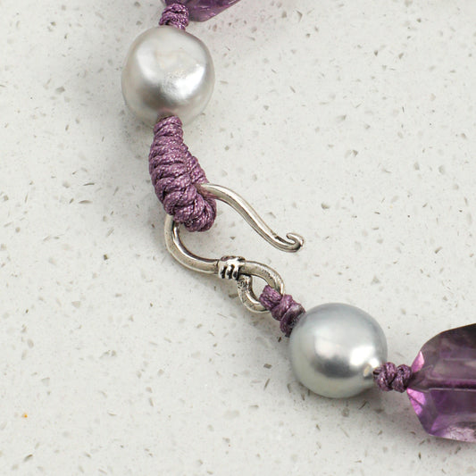Natural Amethyst & Clear Quartz Bracelet with Gray Baroque Pearl and Sterling Silver Charm