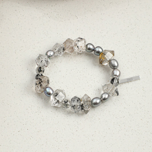 Black Herkimer Crystal Bracelet with Gray Rice Pearls and Sterling Silver Charm