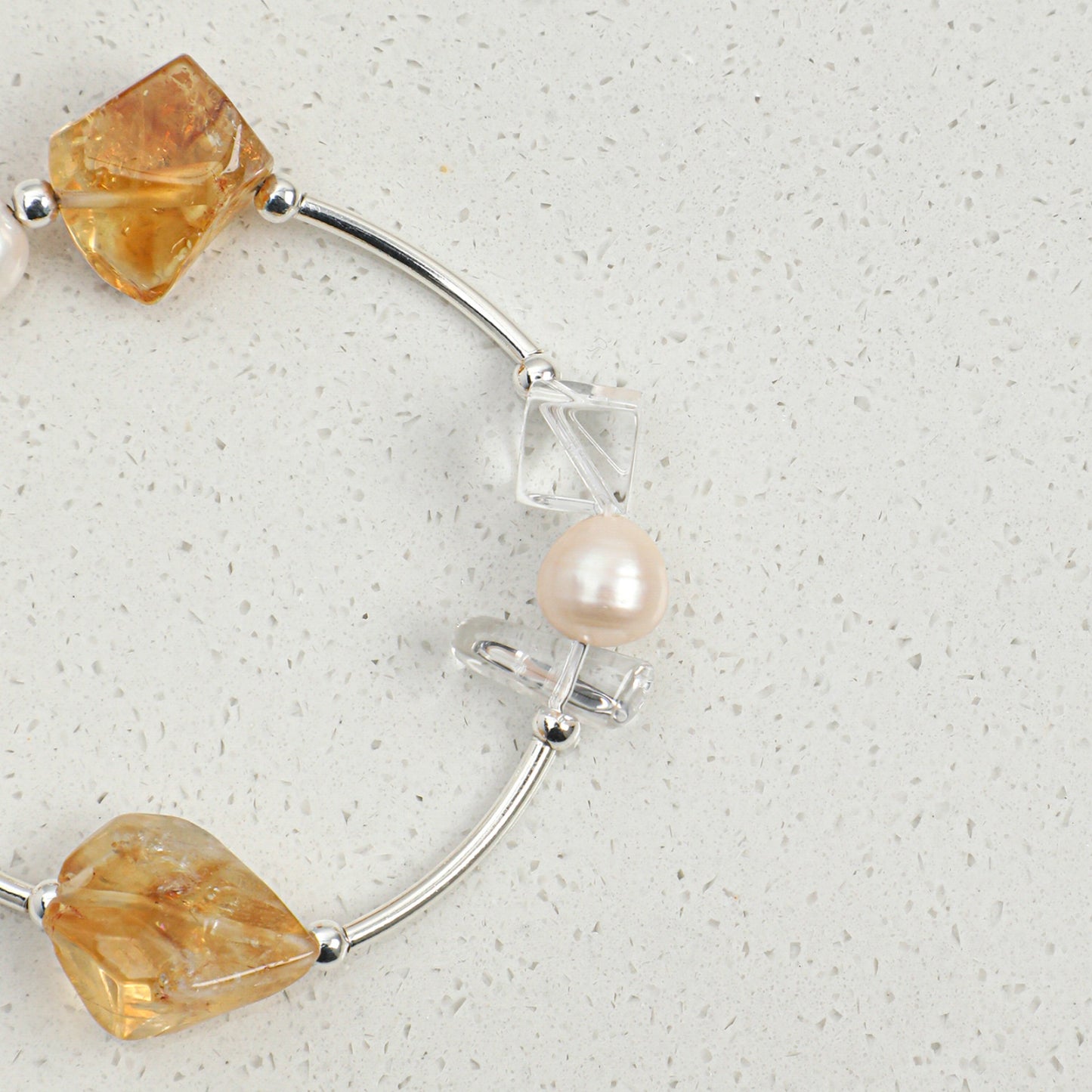 Brazilian Yellow Crystal & Clear Quartz Bracelet with Freshwater Pearl and S925 Silver