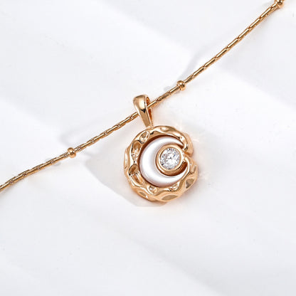 Star Moon Mother of Pearl Necklace, S925 Sterling Silver Cubic Zirconia Pendant Necklace in Vintage Gold Tone