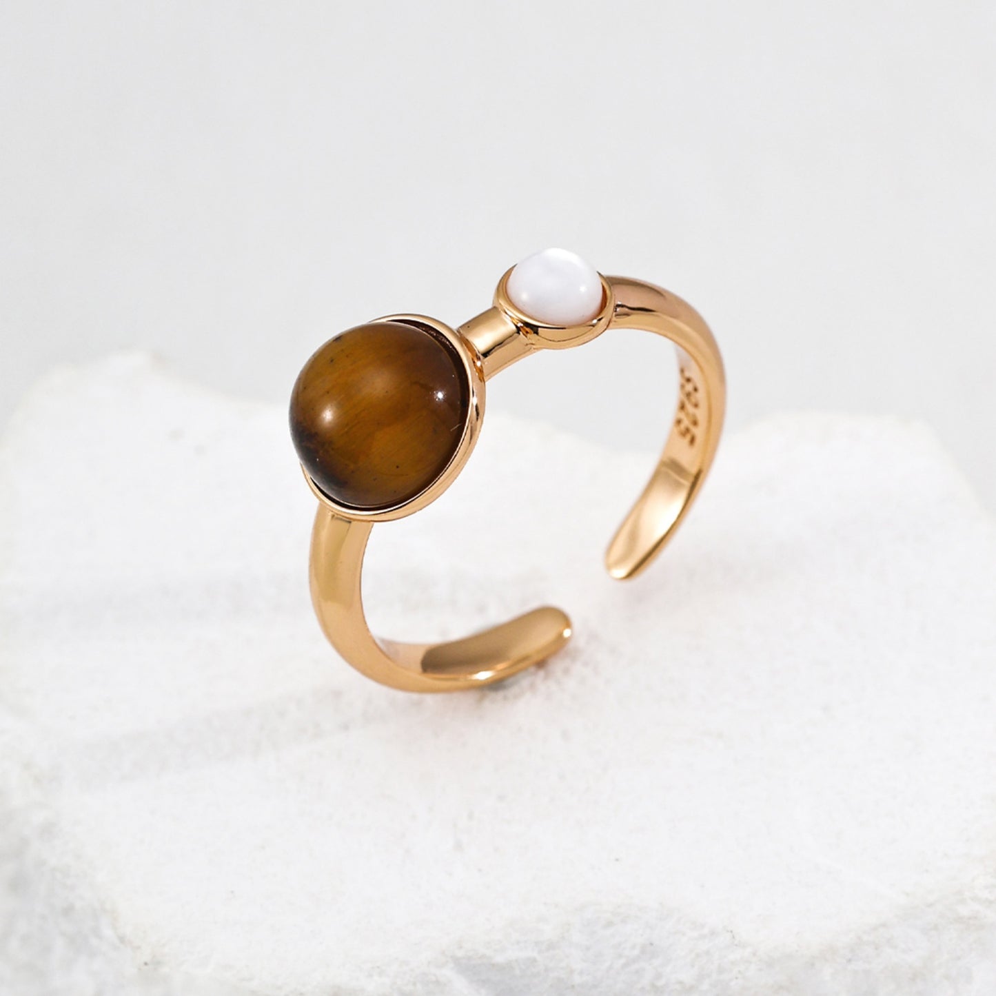 Tiger Eye Mother of Pearl Adjustable Ring, S925 Sterling Silver Vintage Gold Open Ring
