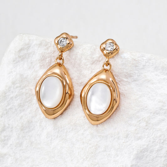 Mother of Pearl Drop Earrings, S925 Sterling Silver Cubic Zirconia Vintage Gold Earrings