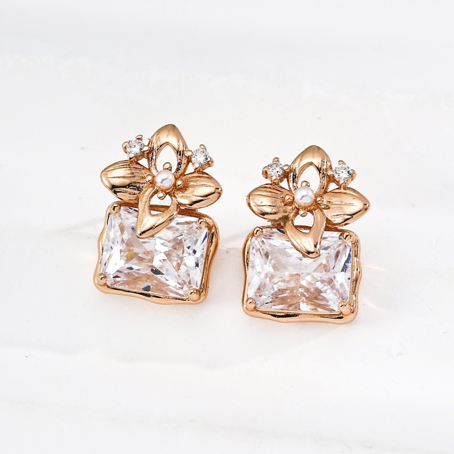 Flower Cubic Zirconia Stud Earrings, S925 Sterling Silver Vintage Gold Floral Earrings