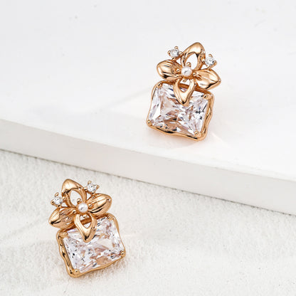 Flower Cubic Zirconia Stud Earrings, S925 Sterling Silver Vintage Gold Floral Earrings