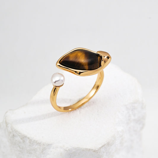 Tiger Eye Pearl Adjustable Ring, S925 Sterling Silver Vintage Gold Open Ring