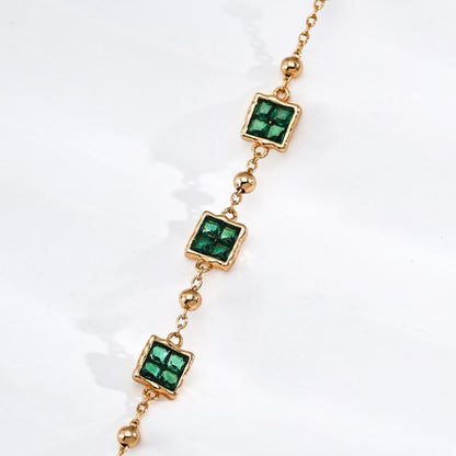 Green Cubic Zirconia Bracelet, S925 Sterling Silver Vintage Gold Station Bracelet
