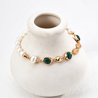 Natural Pearl Malachite Bracelet, S925 Sterling Silver Vintage Gold Adjustable Bracelet