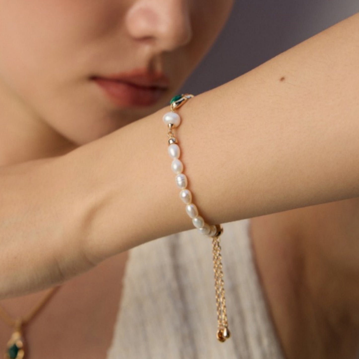 Natural Pearl Malachite Bracelet, S925 Sterling Silver Vintage Gold Adjustable Bracelet