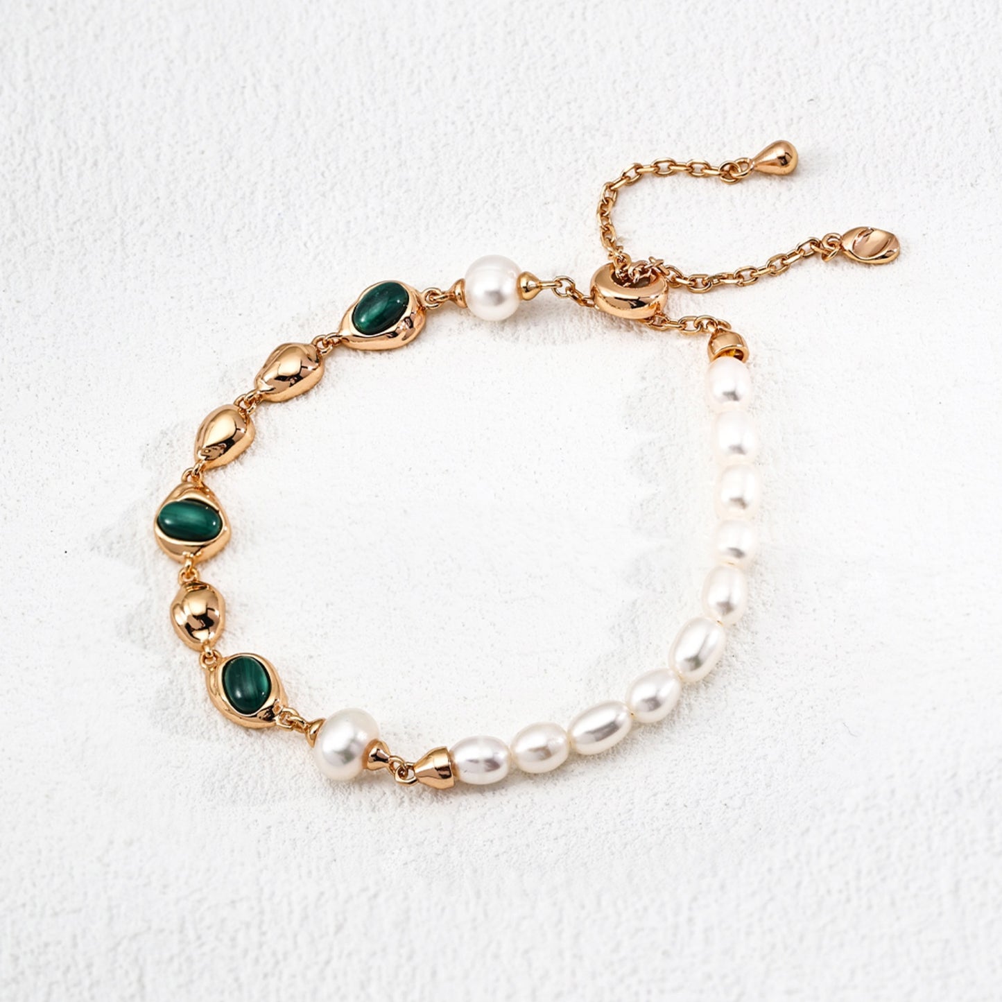 Natural Pearl Malachite Bracelet, S925 Sterling Silver Vintage Gold Adjustable Bracelet