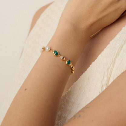 Natural Pearl Malachite Bracelet, S925 Sterling Silver Vintage Gold Adjustable Bracelet