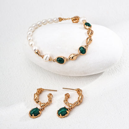 Natural Pearl Malachite Bracelet, S925 Sterling Silver Vintage Gold Adjustable Bracelet