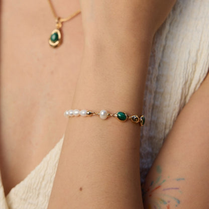Natural Pearl Malachite Bracelet, S925 Sterling Silver Vintage Gold Adjustable Bracelet
