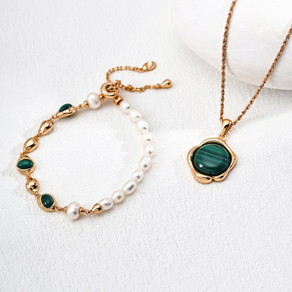 Natural Pearl Malachite Bracelet, S925 Sterling Silver Vintage Gold Adjustable Bracelet