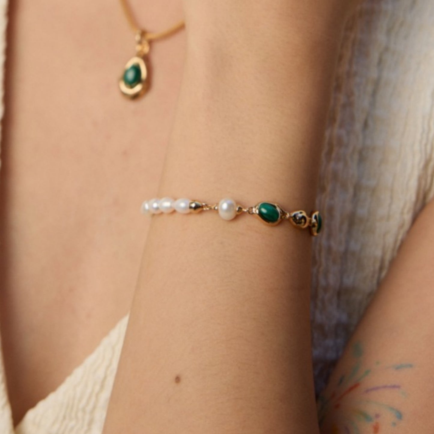 Natural Pearl Malachite Bracelet, S925 Sterling Silver Vintage Gold Adjustable Bracelet