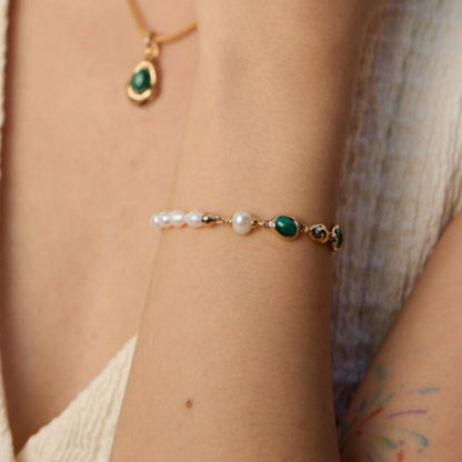 Natural Pearl Malachite Bracelet, S925 Sterling Silver Vintage Gold Adjustable Bracelet
