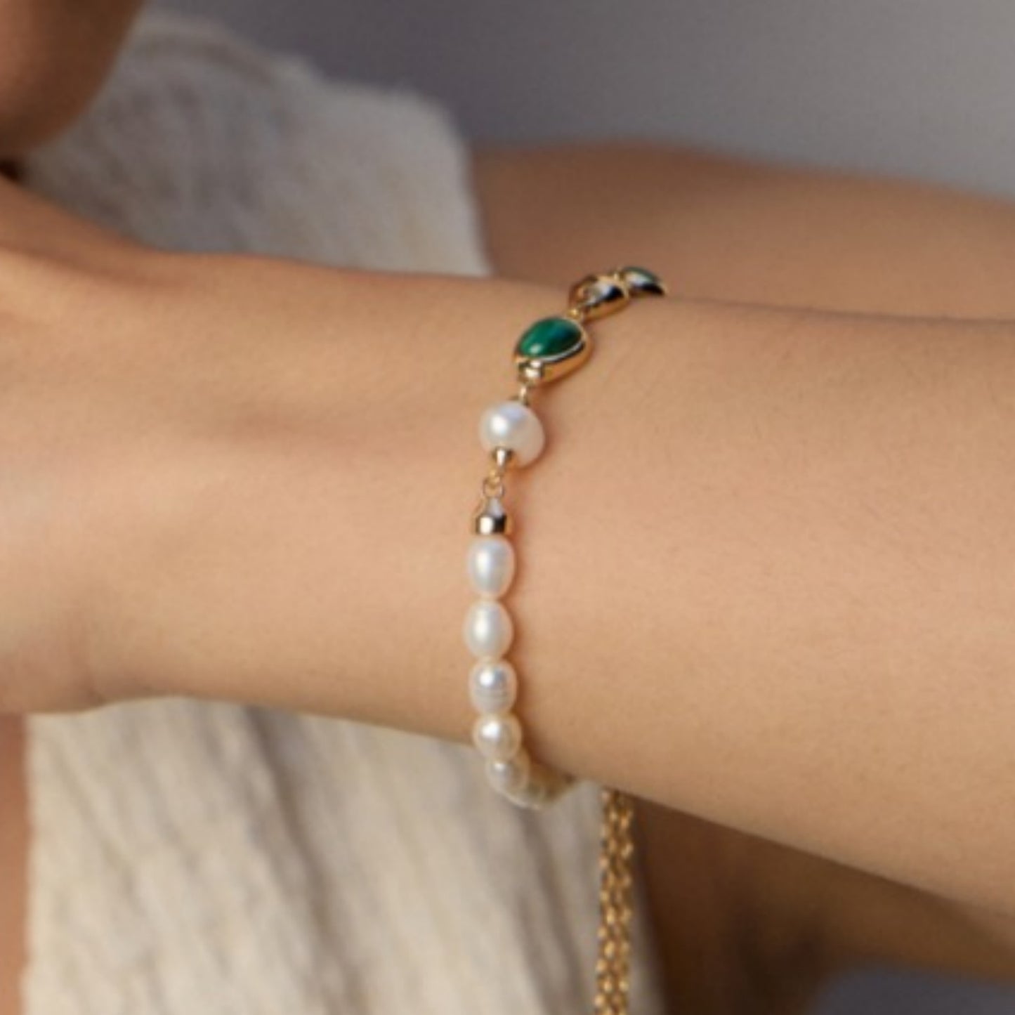 Natural Pearl Malachite Bracelet, S925 Sterling Silver Vintage Gold Adjustable Bracelet
