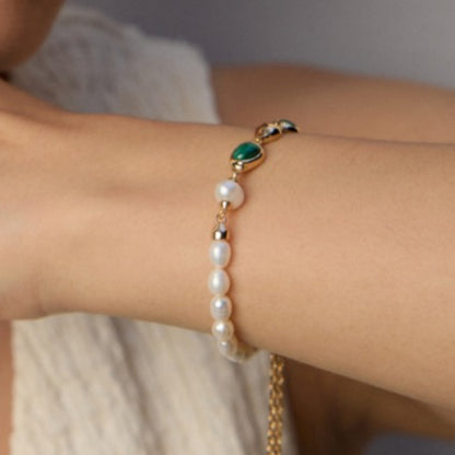 Natural Pearl Malachite Bracelet, S925 Sterling Silver Vintage Gold Adjustable Bracelet