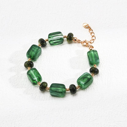 Green Resin Stone Bracelet, 925 Sterling Silver Vintage Gold Beaded Bracelet