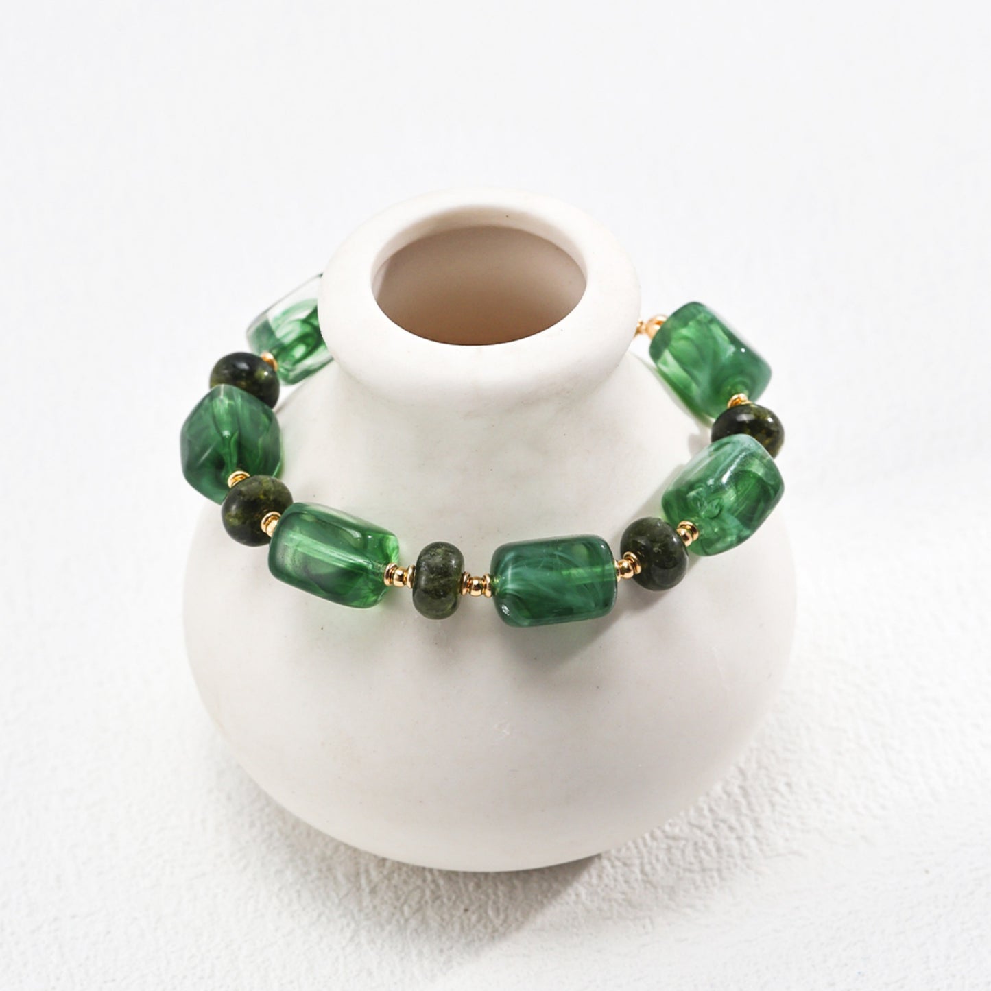 Green Resin Stone Bracelet, 925 Sterling Silver Vintage Gold Beaded Bracelet