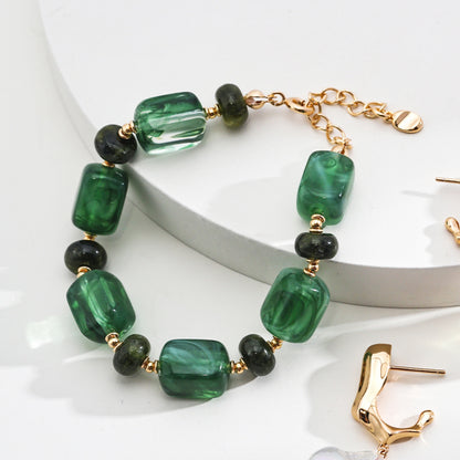 Green Resin Stone Bracelet, 925 Sterling Silver Vintage Gold Beaded Bracelet
