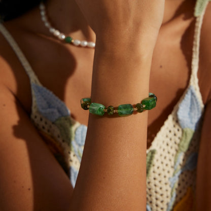 Green Resin Stone Bracelet, 925 Sterling Silver Vintage Gold Beaded Bracelet