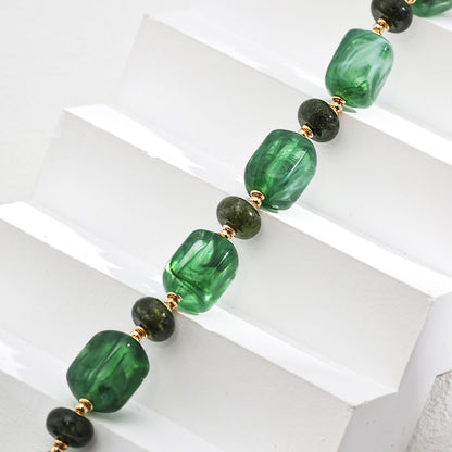 Green Resin Stone Bracelet, 925 Sterling Silver Vintage Gold Beaded Bracelet