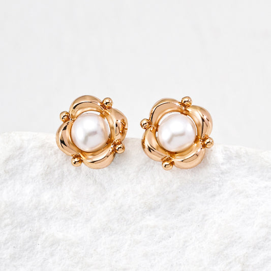 Natural Pearl Stud Earrings, S925 Sterling Silver Vintage Gold Flower Earrings