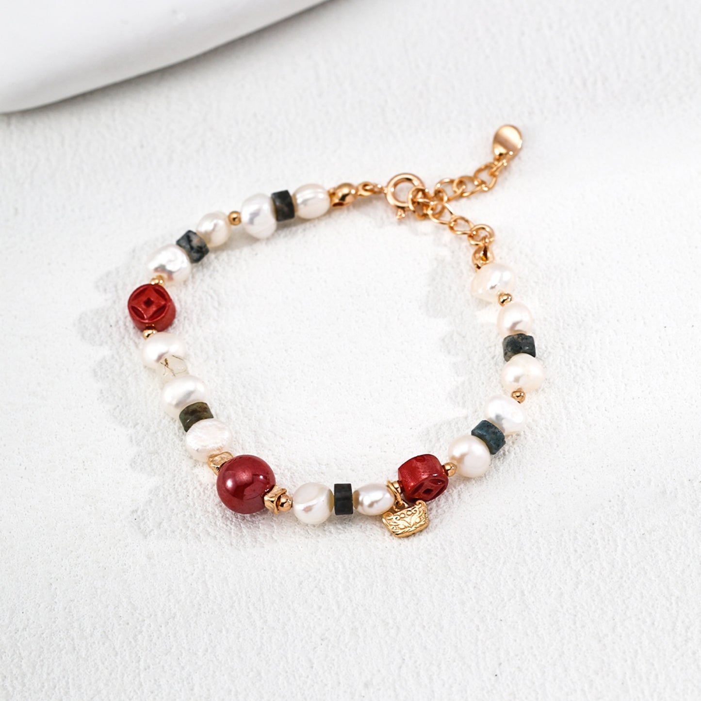 Cinnabar Moss Agate Pearl Bracelet, S925 Sterling Silver Vintage Gold Beaded Bracelet