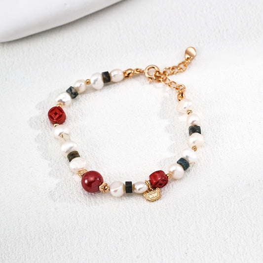 Cinnabar Moss Agate Pearl Bracelet, S925 Sterling Silver Vintage Gold Beaded Bracelet