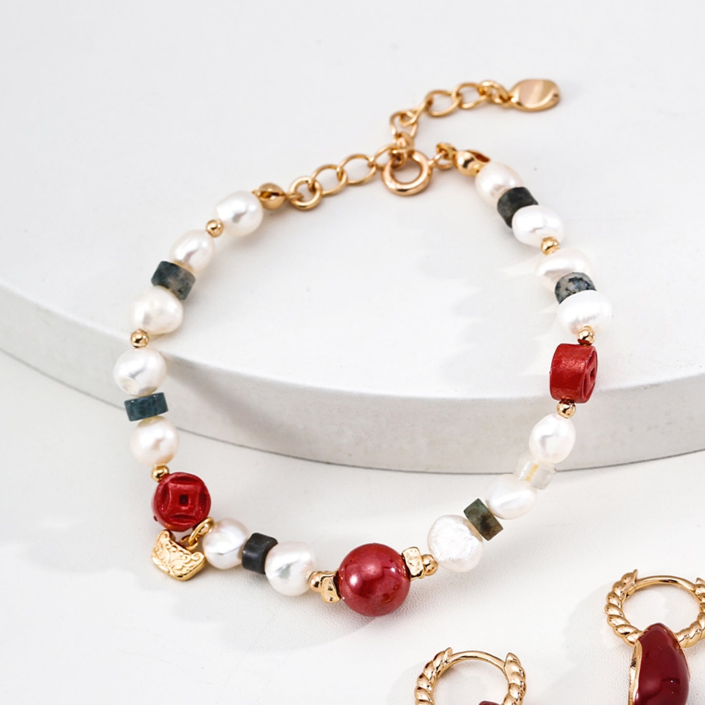 Cinnabar Moss Agate Pearl Bracelet, S925 Sterling Silver Vintage Gold Beaded Bracelet