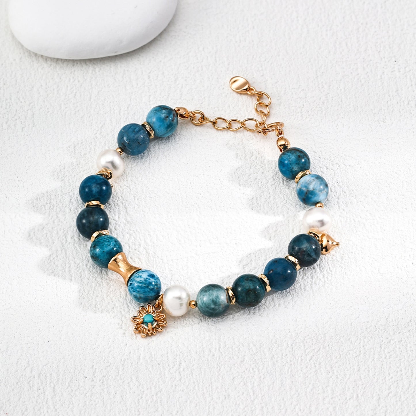 Azurite Turquoise Pearl Bracelet, S925 Sterling Silver Vintage Gold Beaded Bracelet