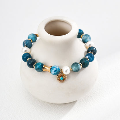 Azurite Turquoise Pearl Bracelet, S925 Sterling Silver Vintage Gold Beaded Bracelet