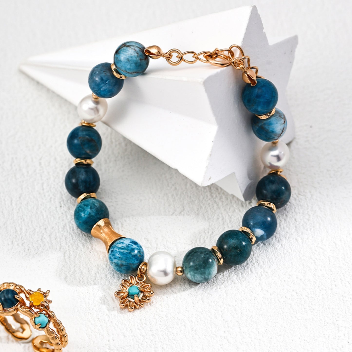 Azurite Turquoise Pearl Bracelet, S925 Sterling Silver Vintage Gold Beaded Bracelet