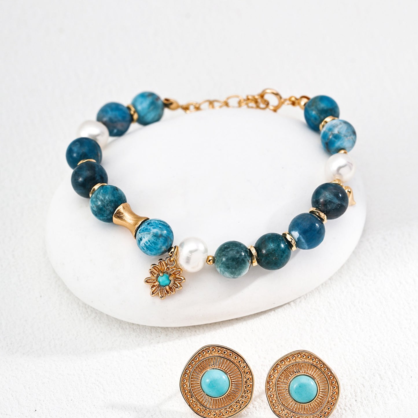 Azurite Turquoise Pearl Bracelet, S925 Sterling Silver Vintage Gold Beaded Bracelet