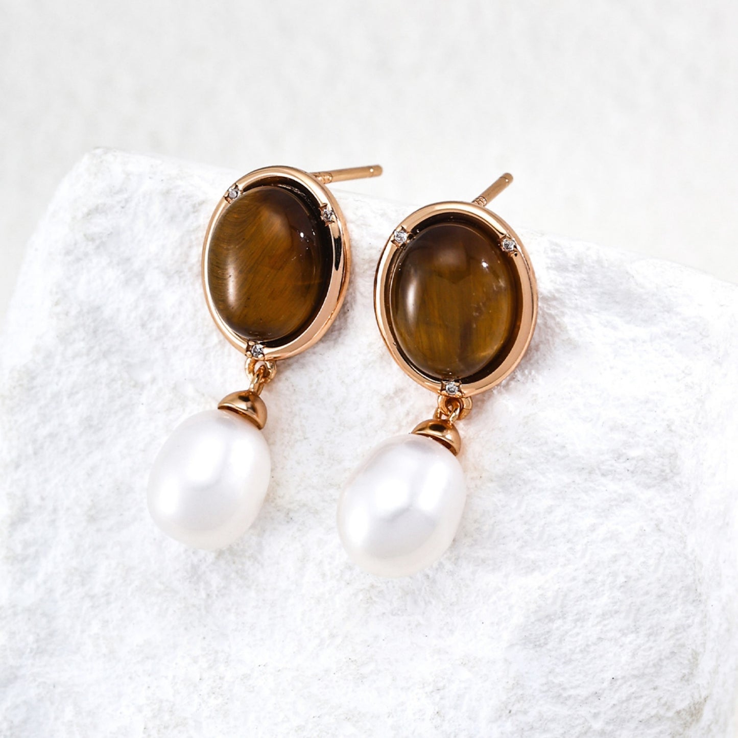 Tiger Eye Pearl Drop Earrings, S925 Sterling Silver Vintage Gold Earrings