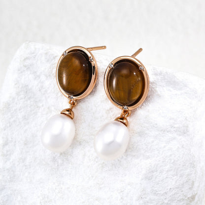 Tiger Eye Pearl Drop Earrings, S925 Sterling Silver Vintage Gold Earrings