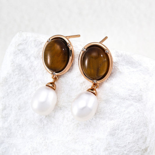 Tiger Eye Pearl Drop Earrings, S925 Sterling Silver Vintage Gold Earrings