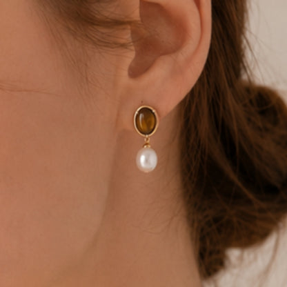 Tiger Eye Pearl Drop Earrings, S925 Sterling Silver Vintage Gold Earrings
