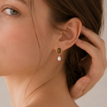 Tiger Eye Pearl Drop Earrings, S925 Sterling Silver Vintage Gold Earrings
