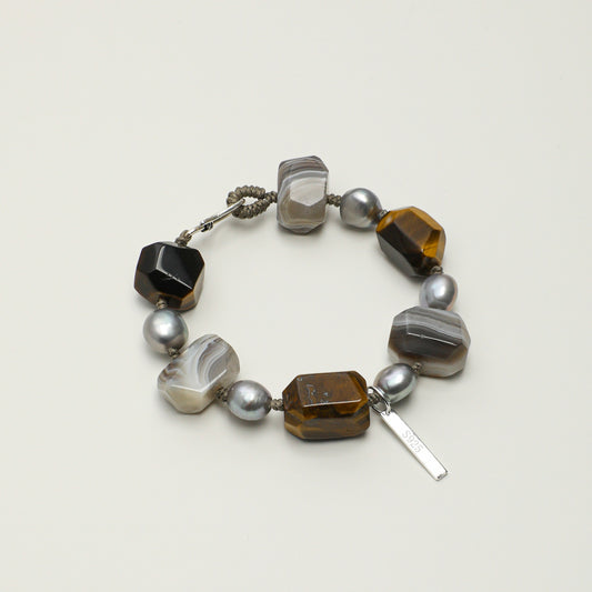 Faceted Tiger Eye & Persian Agate Bracelet with Gray Baroque Pearl and Sterling Silver Charm
