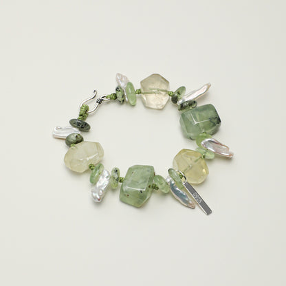 Natural Prehnite & Yellow Crystal Bracelet with Baroque Pearl and Sterling Silver Charm