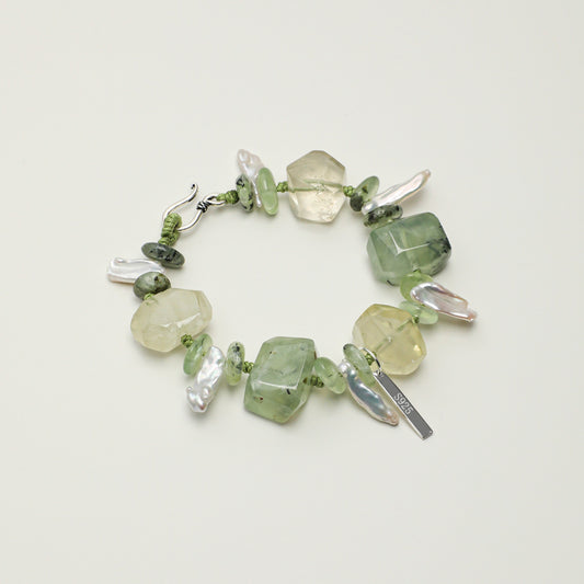 Natural Prehnite & Yellow Crystal Bracelet with Baroque Pearl and Sterling Silver Charm