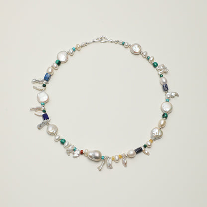 Forest Isle Baroque Pearl & Mixed Gemstone Necklace with Sterling Silver Clasp