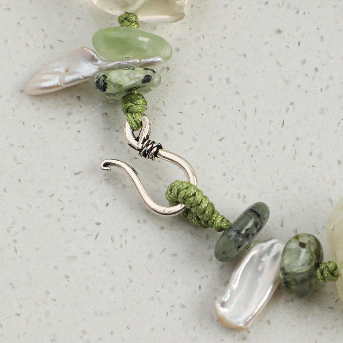 Natural Prehnite & Yellow Crystal Bracelet with Baroque Pearl and Sterling Silver Charm